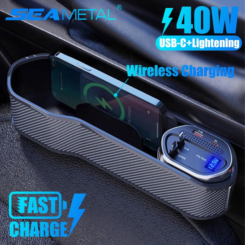 Car Seat Gap Organizer with Optional Wireless Charging and Fast Charge Cables