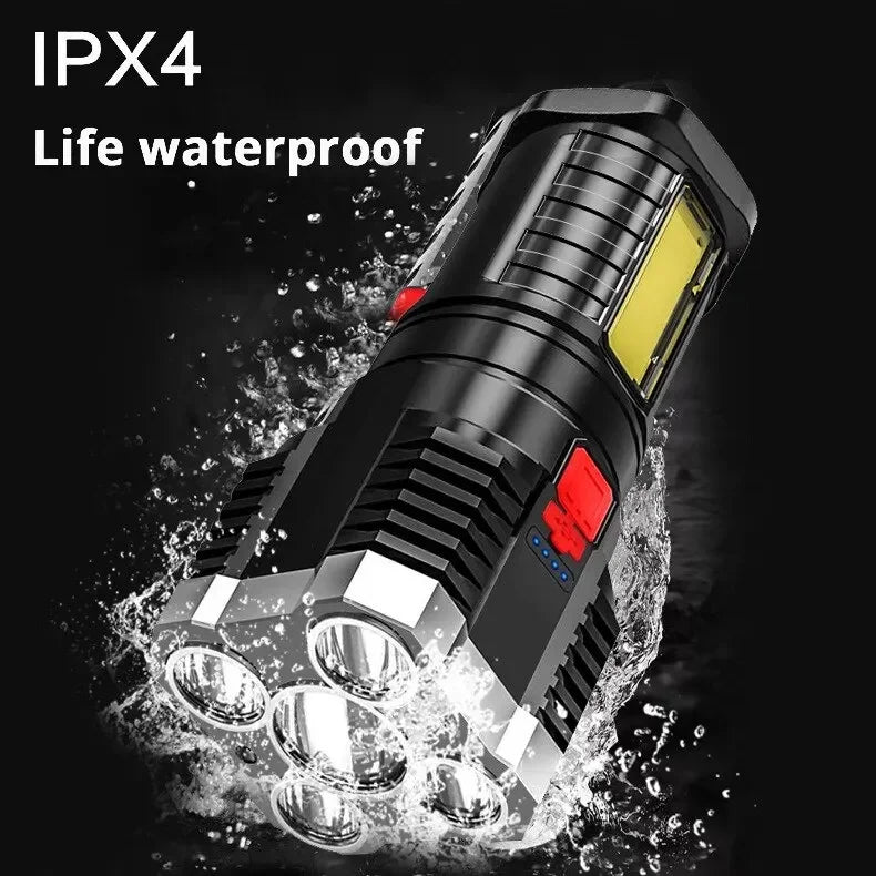 High-Power 5 LED Rechargeable Camping Flashlight with 3 Lighting Modes & Side Light