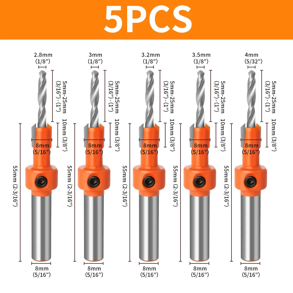 5-Piece Countersink Drill Bit Set – Adjustable Depth Stop for Woodworking