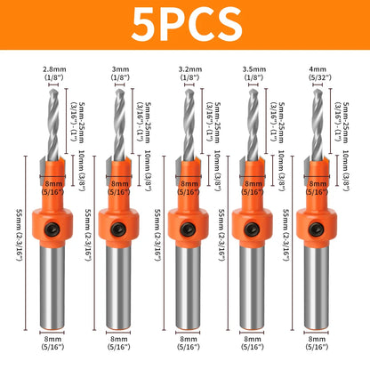 5-Piece Countersink Drill Bit Set – Adjustable Depth Stop for Woodworking