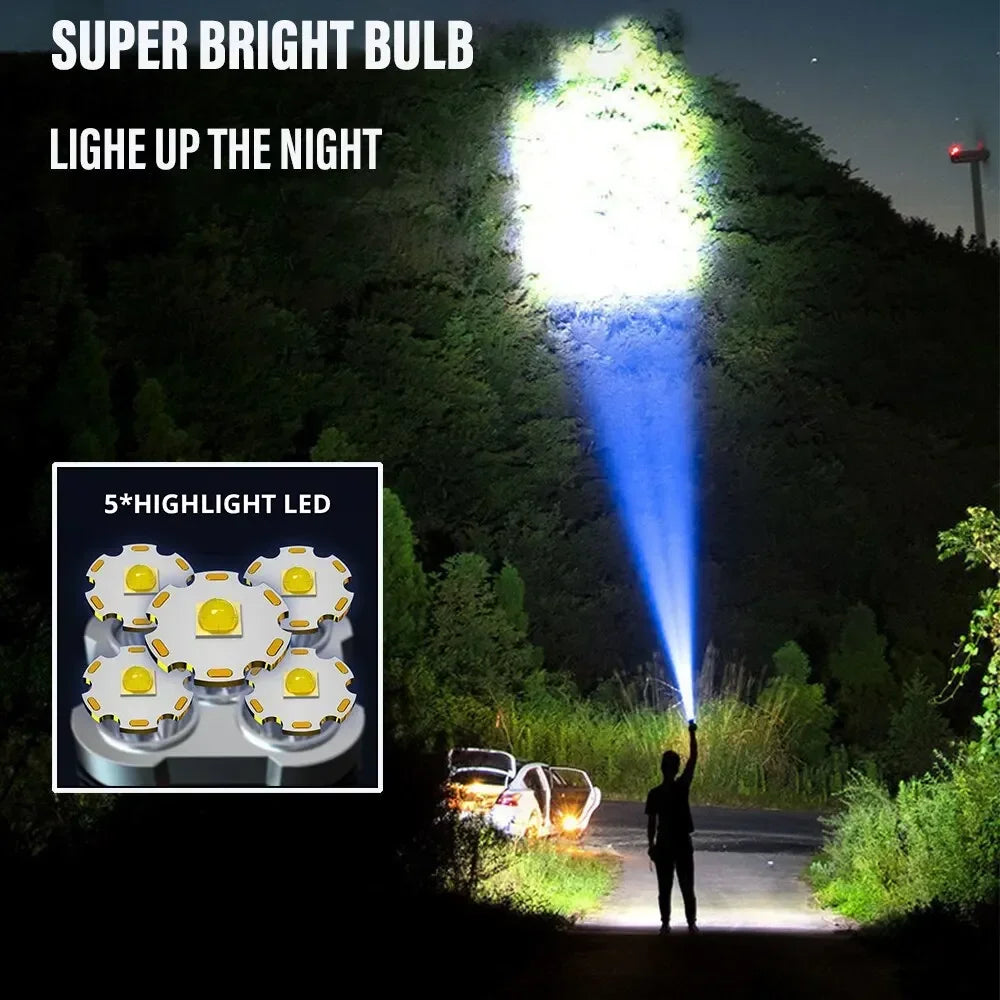 High-Power 5 LED Rechargeable Camping Flashlight with 3 Lighting Modes & Side Light