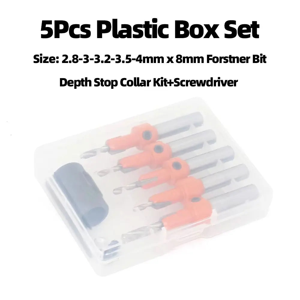 5-Piece Countersink Drill Bit Set – Adjustable Depth Stop for Woodworking