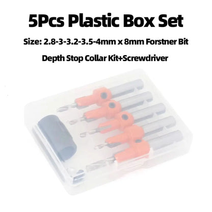 5-Piece Countersink Drill Bit Set – Adjustable Depth Stop for Woodworking