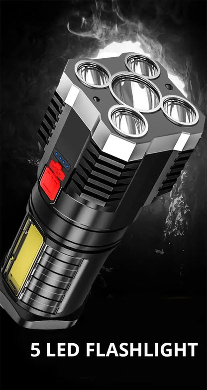 High-Power 5 LED Rechargeable Camping Flashlight with 3 Lighting Modes & Side Light