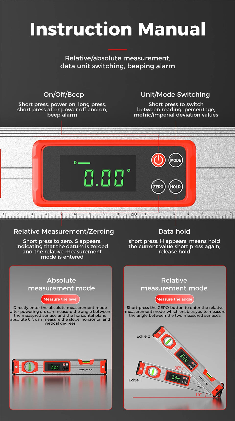 Pro Digital Magnetic Spirit Level – LED Angle Finder(20/30/40 cm | 8″/12″/16″)