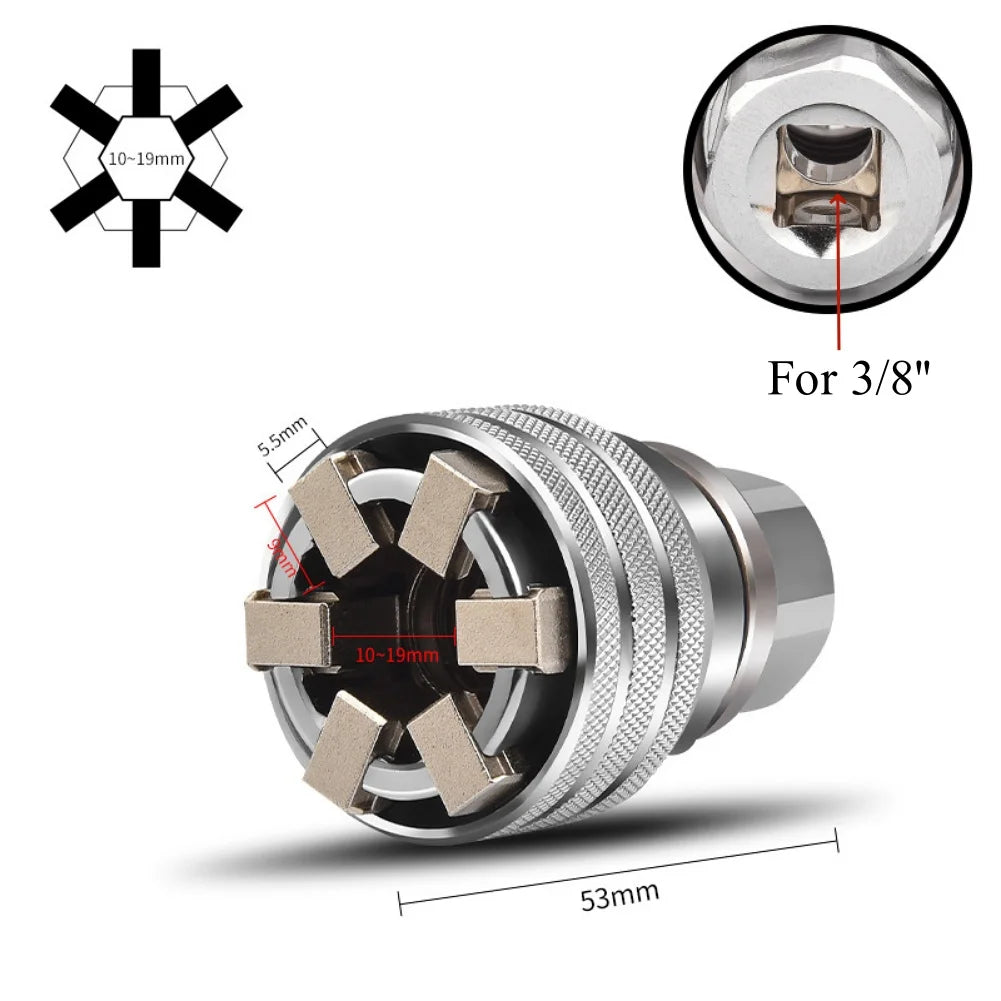 Universal Adjustable Socket (10–19 mm | 3/8–3/4 in) – 3/8" Drive for Power Drill & Wrench